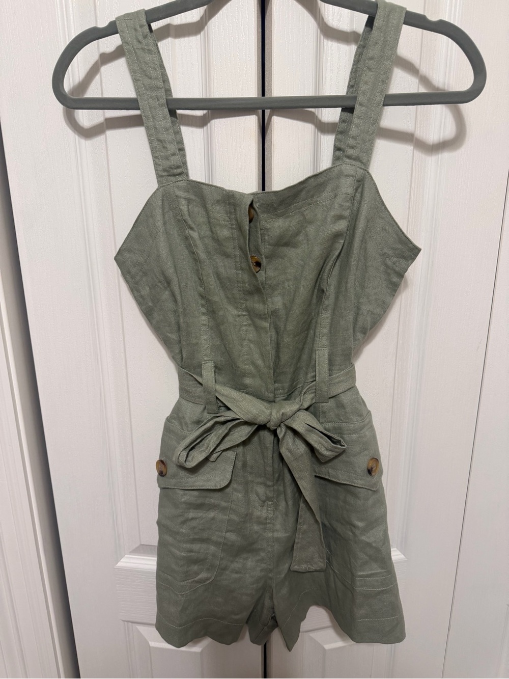 Olivaceous Sage Green Linen-Blend Tie-Waist Mini Romper
